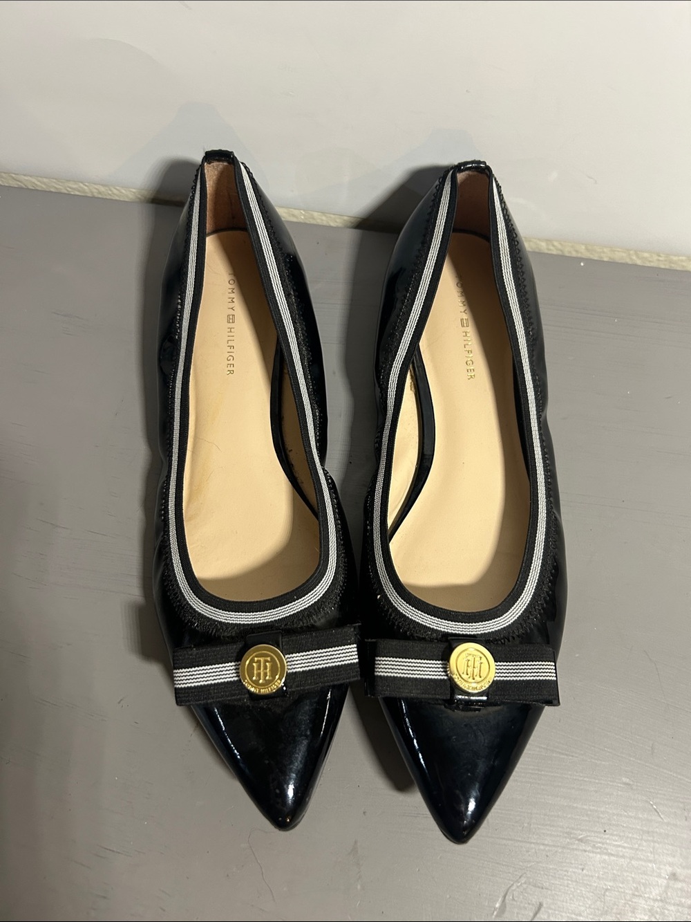 Tommy Hilfiger Black Pointed Patent Ribbon Trim Flats